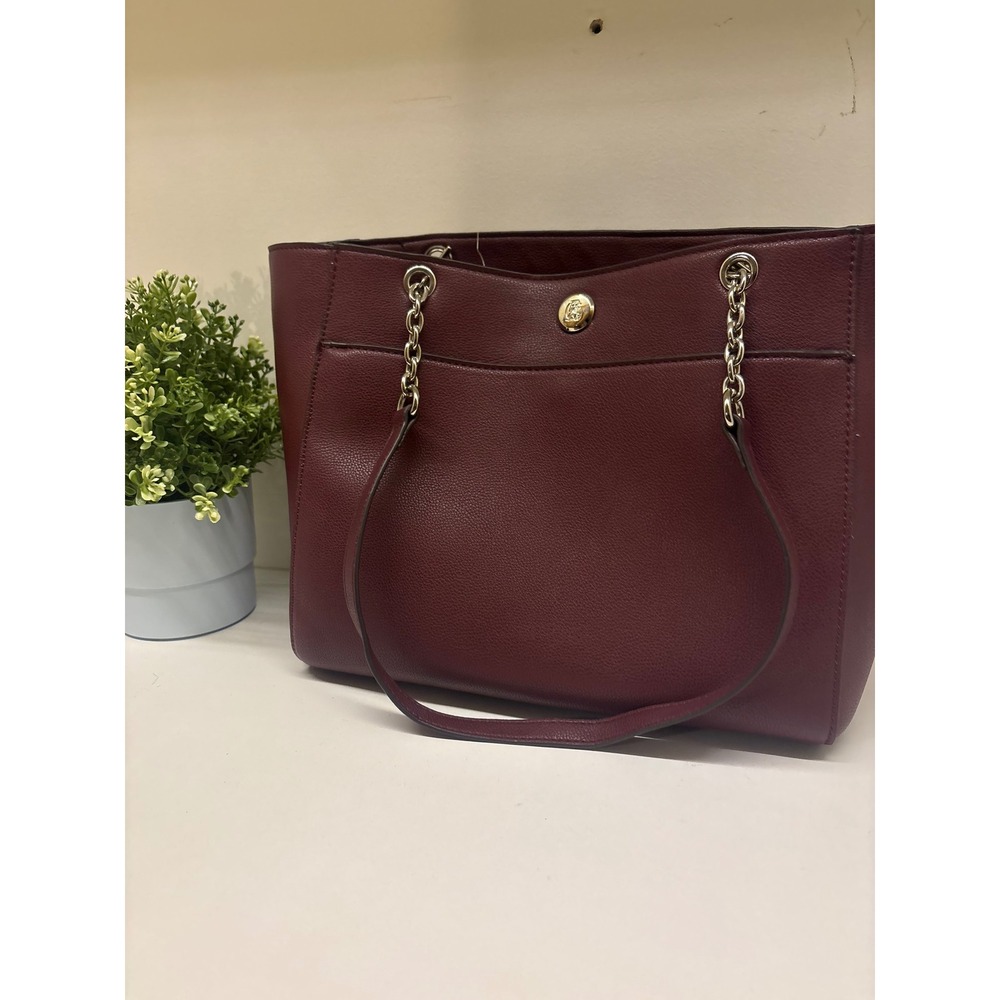 Chaps Burgundy Faux Leather Chain Strap Tote Bag Shoulder Purse Wine Red
